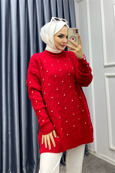 Üzeri Taşlı Tunik Kırmızı