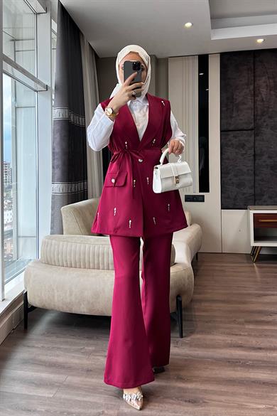 Üzeri Taşlı Yelekli Takım Bordo