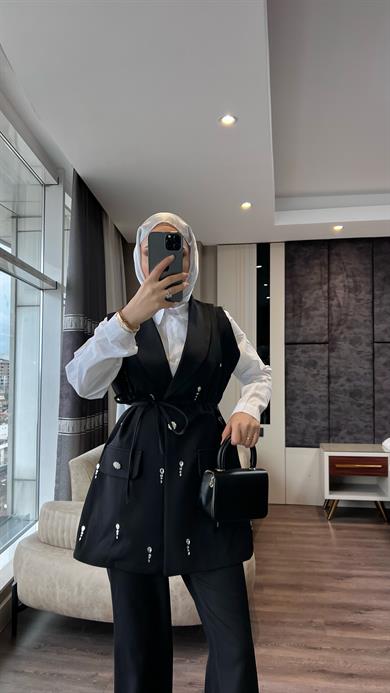Üzeri Taşlı Yelekli Takım Siyah