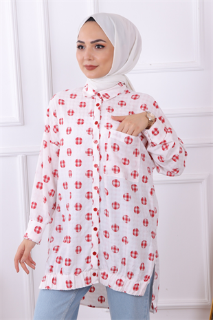 Üzeri Top Desenli Tek Cepli Tunik Bordo