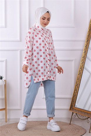 Üzeri Top Desenli Tek Cepli Tunik Bordo