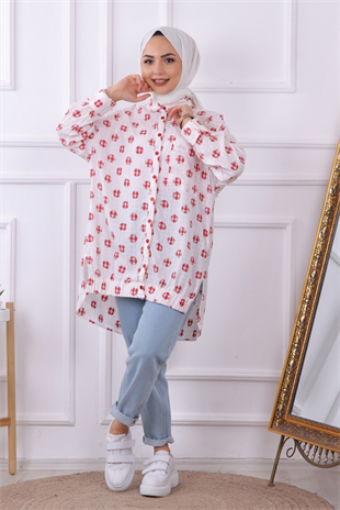 Üzeri Top Desenli Tek Cepli Tunik Bordo