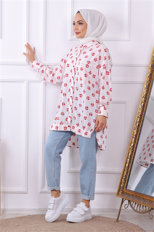 Üzeri Top Desenli Tek Cepli Tunik Bordo