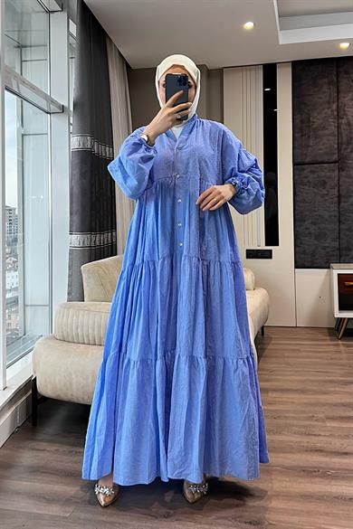 V Yaka Keten Elbise Mavi