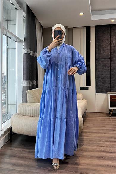 V Yaka Keten Elbise Mavi