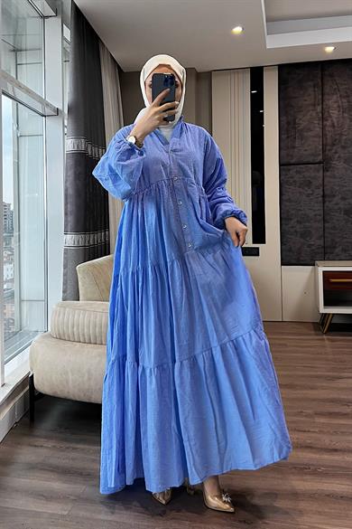 V Yaka Keten Elbise Mavi