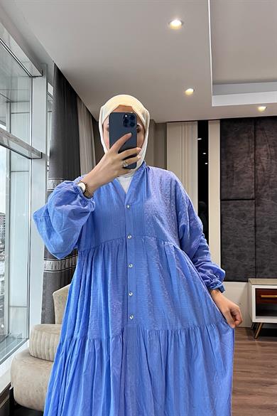 V Yaka Keten Elbise Mavi