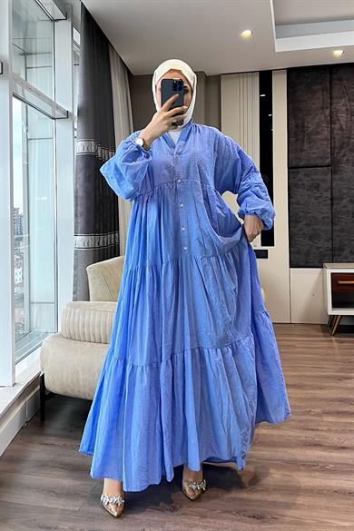 V Yaka Keten Elbise Mavi