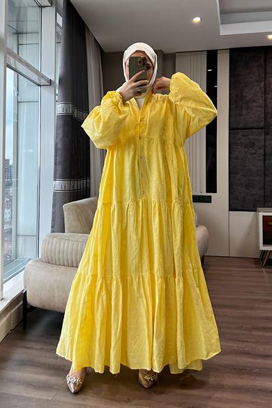 V Yaka Keten Elbise Sarı 