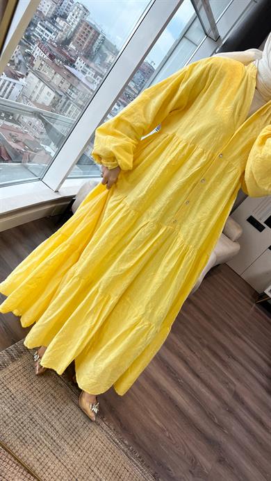 V Yaka Keten Elbise Sarı 