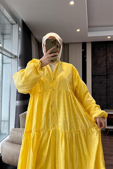 V Yaka Keten Elbise Sarı 