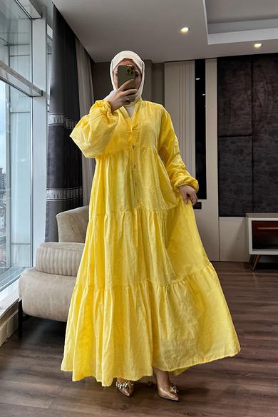 V Yaka Keten Elbise Sarı 