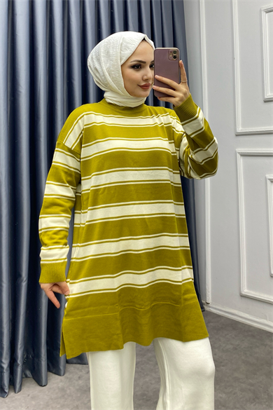 Yağ Yeşili Şeritli Tunik