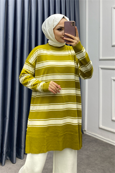 Yağ Yeşili Şeritli Tunik