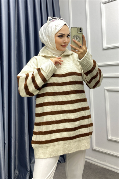 Yaka Fermuar Detay Tunik  Taş-Kahverengi