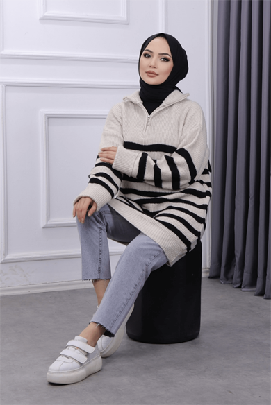 Yaka Fermuar Detay Tunik  Taş Siyah
