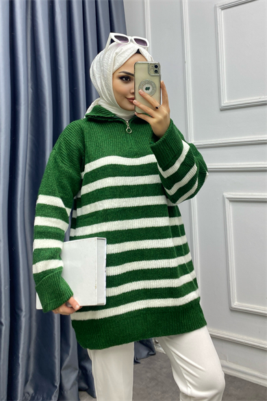 Yaka Fermuar Detay Tunik  Yeşil-Beyaz