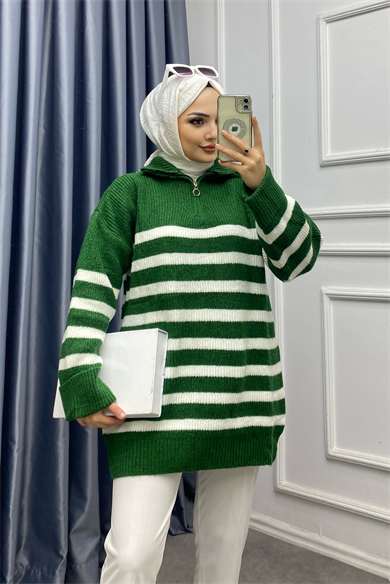 Yaka Fermuar Detay Tunik  Yeşil-Beyaz