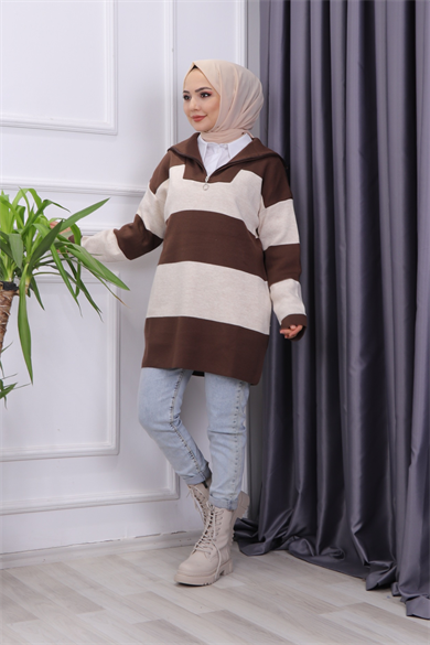 Yaka Fermuarlı Tunik Kahve-Krem