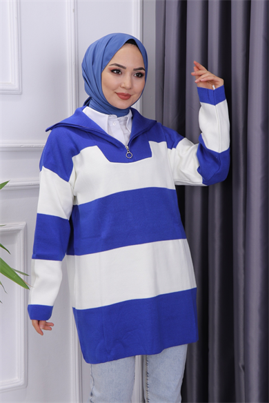 Yaka Fermuarlı Tunik Saks Beyaz