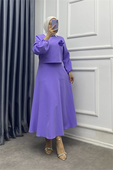 Yaka Gül Detaylı Etekli Takım Lila