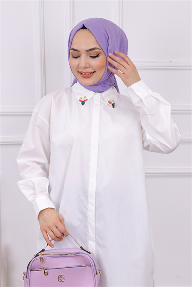 Yakası Boncuk Detaylı Tunik Beyaz