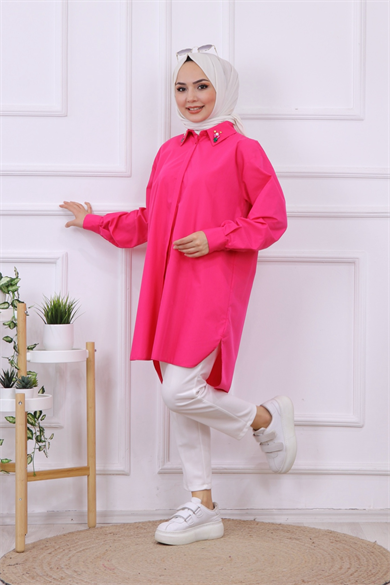 Yakası Boncuk Detaylı Tunik Fuşya
