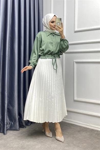 Yakası Broşlu Saten Gömlek Mint Yeşili