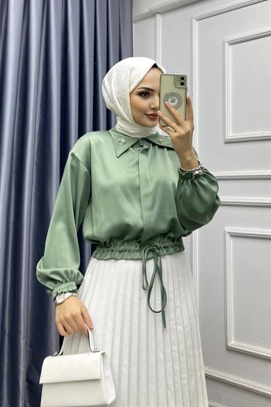 Yakası Broşlu Saten Gömlek Mint Yeşili