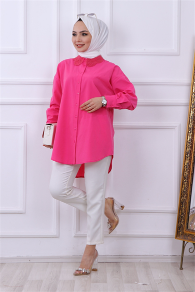 Yakası Dantel Tunik Pembe