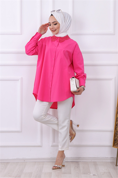 Yakası Dantel Tunik Pembe