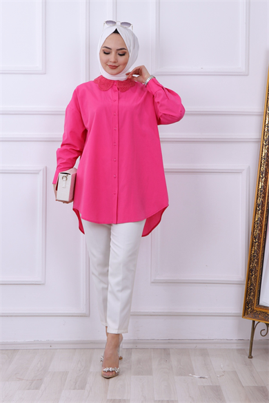 Yakası Dantel Tunik Pembe