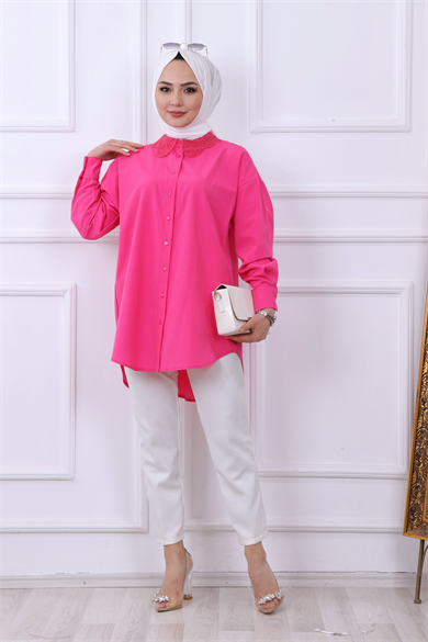 Yakası Dantel Tunik Pembe