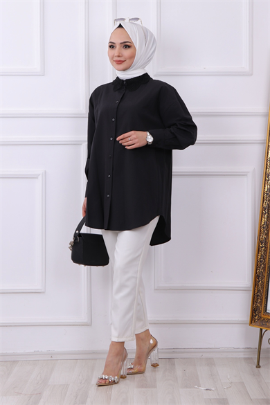 Yakası Dantel Tunik Siyah