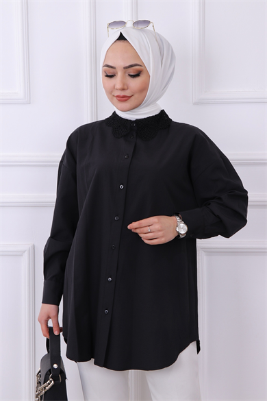 Yakası Dantel Tunik Siyah