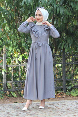 Yakası Dantelli Elbise Gri