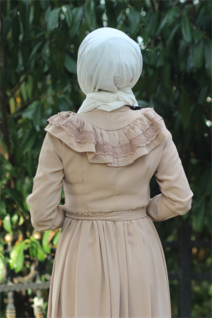 Yakası Dantelli Elbise Taş