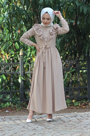 Yakası Dantelli Elbise Taş