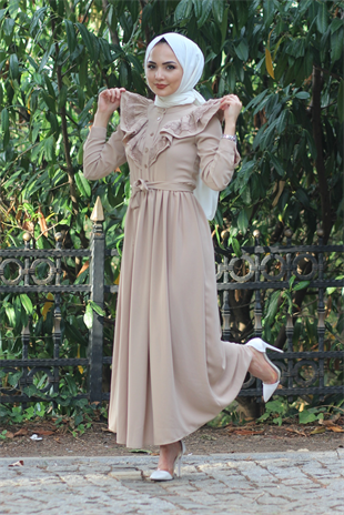 Yakası Dantelli Elbise Taş