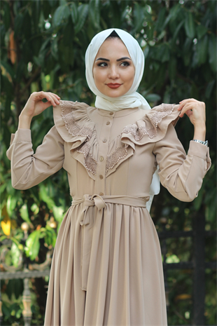 Yakası Dantelli Elbise Taş
