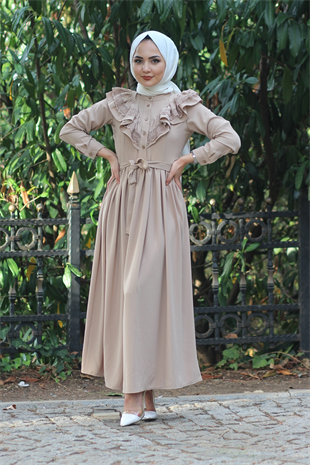 Yakası Dantelli Elbise Taş