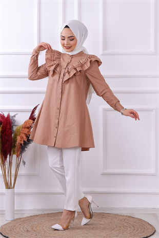 Yakası Dantelli Tunik- Camel
