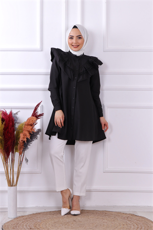 Yakası Dantelli Tunik- Siyah