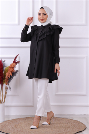 Yakası Dantelli Tunik- Siyah