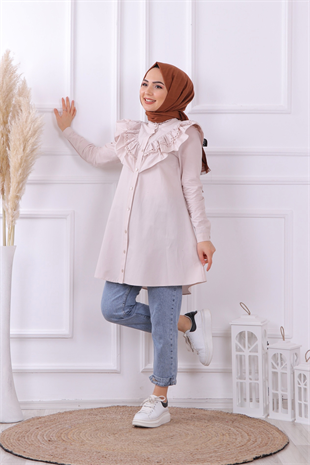 Bry Yakası Dantelli Tunik- Taş