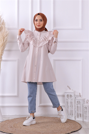 Bry Yakası Dantelli Tunik- Taş