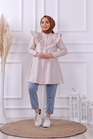 Bry Yakası Dantelli Tunik- Taş