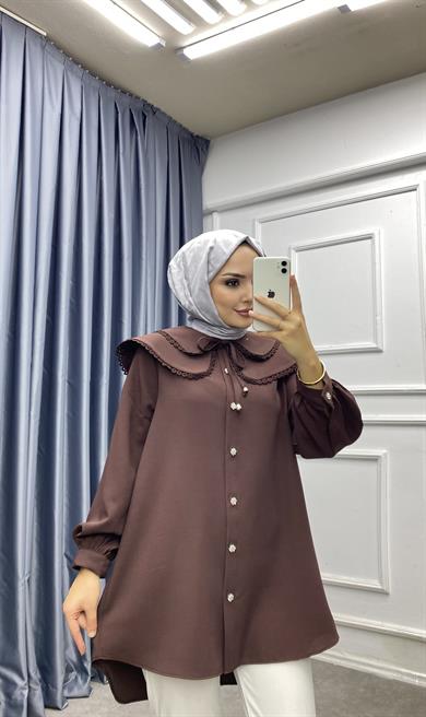 Yakası Dantelli Tunik Kahverengi 