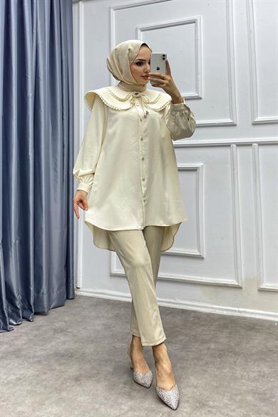 Yakası Dantelli Tunik Krem