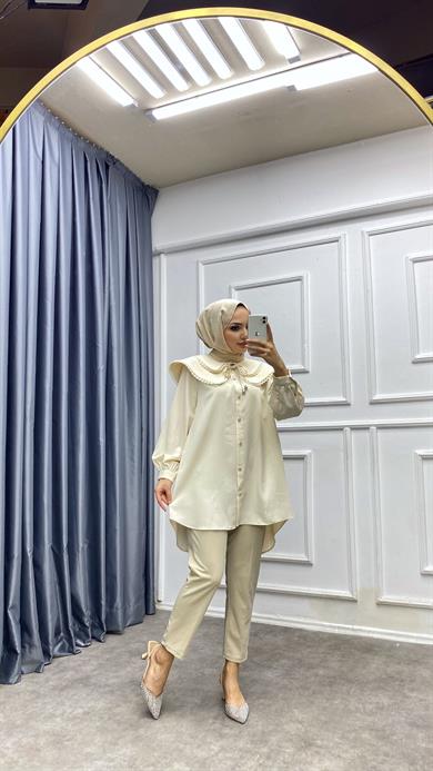 Yakası Dantelli Tunik Krem